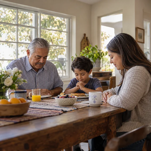 Three generations sharing a quiet family prayer before breakfast.