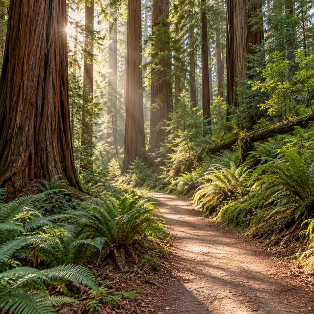 Morning light falling across a winding redwood forest path.