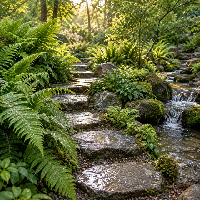 Fresh ferns and a clear stream after gentle rain.