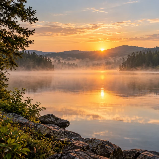 Soft morning mist above a still lake at sunrise.